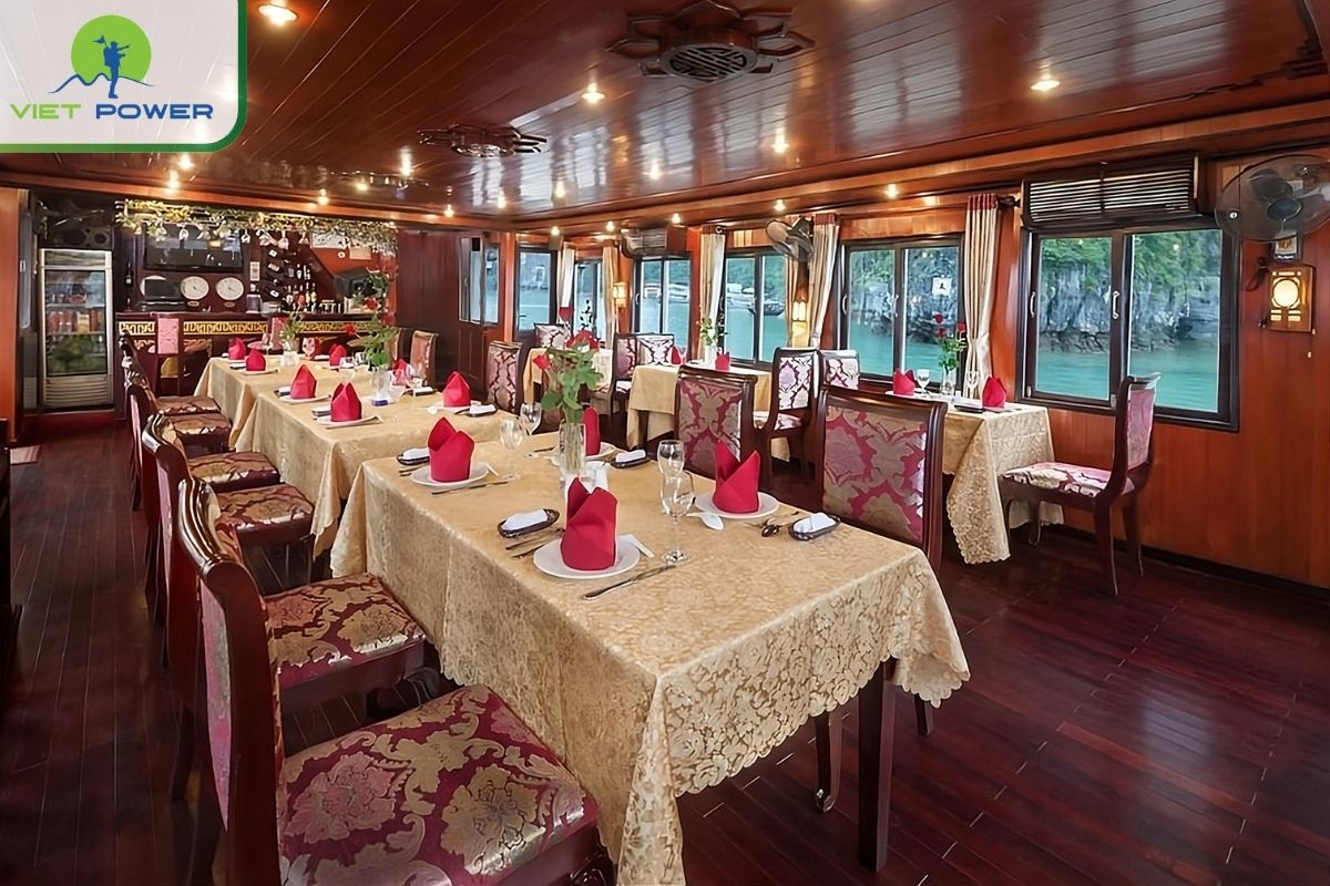 The restaurant offers panoramic views of Halong Bay