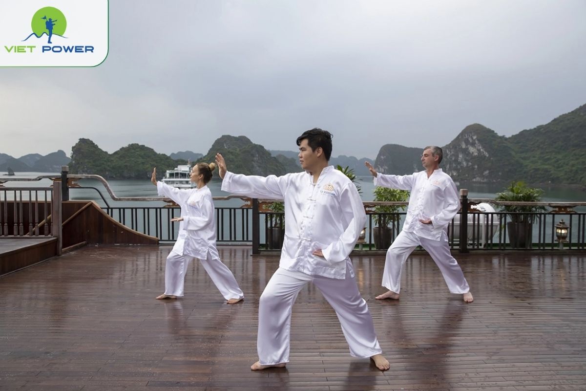 Morning Tai Chi session on the sundeck
